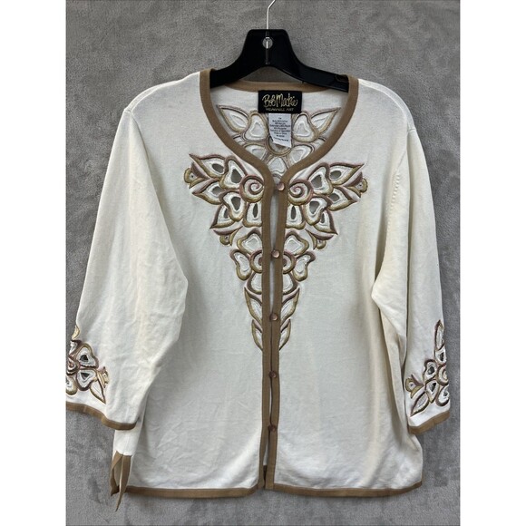 Bob Mackie Cardigan Sweater Women’s 1X Ivory Beige Embroidered Layering Floral - Picture 1 of 7